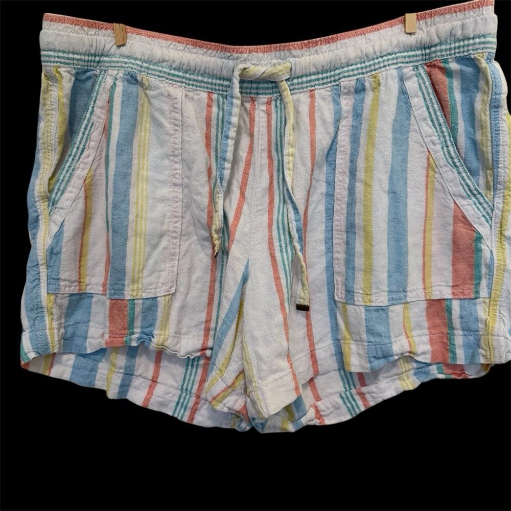 St Johns Bay Women Rainbow Striped Shorts L Linen Rayon Drawstring Beach Coastal